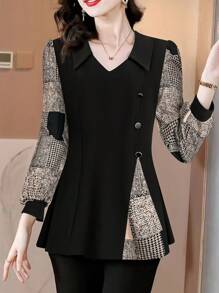EMERY ROSE Women's Two-Tone Houndstooth Long Sleeve Blouse, Slimming