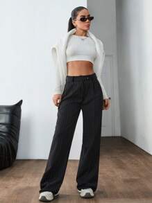 RueChic Women Stripe Pattern High Waist Straight Pants - Black - View 1