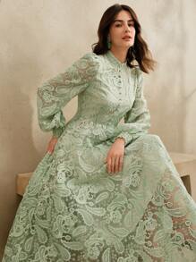 Anewsta 女士立领灯笼袖透明腰部收紧花卉刺绣优雅 A 字形连衣裙，节日春季女士外出度假服装 - 綠色 - 查看 1