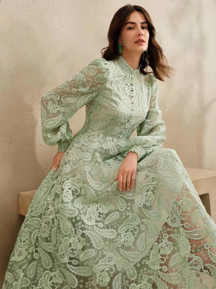 autumn green dress Anewsta Women's Sage Standing Collar Lantern Sleeve Sheer Waist Cinched Floral Embroidery Elegant A-Line Dress,Autumn Festival Spring Brunch Outfits formal olive green dress