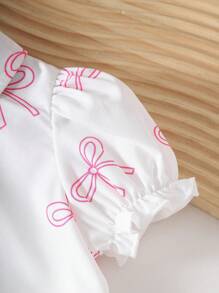 SHEIN Playful Pals 女宝宝韩版可爱全蝴蝶印花短袖翻领衬衫和白色梭织喇叭裤两件套，夏季 - 黑色 - 查看 4