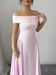 Elenzga Women's Elegant Off Shoulder Flared Dress, Spring/Summer - Pink - View 4
