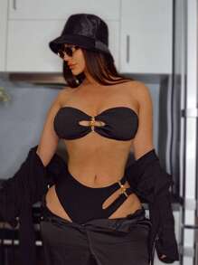 Swim SXY Women Sexy Halter Cut Out Back Bikini Set Swimwear, European Style Beachwear Summer Outfit - Black - View 3