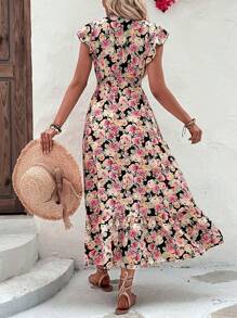 Breezaya Allover Floral Print Butterfly Sleeve Ruffle Hem Dress Maxi Vacation Beach Outfits Women - Black - View 2