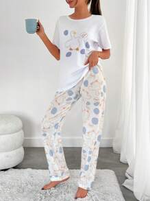 RueChic Cottonline Women 2 Pcs Cute Contrast Colour Duck Pattern Basic Homewear PJ Set - White - View 3