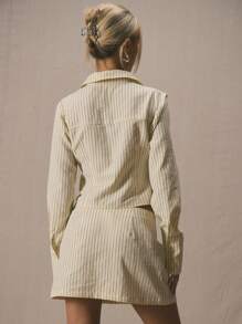 MUSERA Collared Pinstripe Cinch Waist Fitted Long Sleeve Shirt Only Spring Cute Vacation Summer Easter Holiday - Yellow - View 3