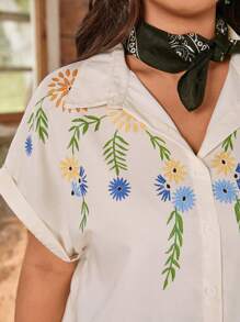 LanaWest Plus Size Women Woven Floral Embroidery Print Short Sleeve Casual Shirt, Summer For Women, St. Patrick, Rave, Festival, Spring Break, Boho - Apricot - View 5