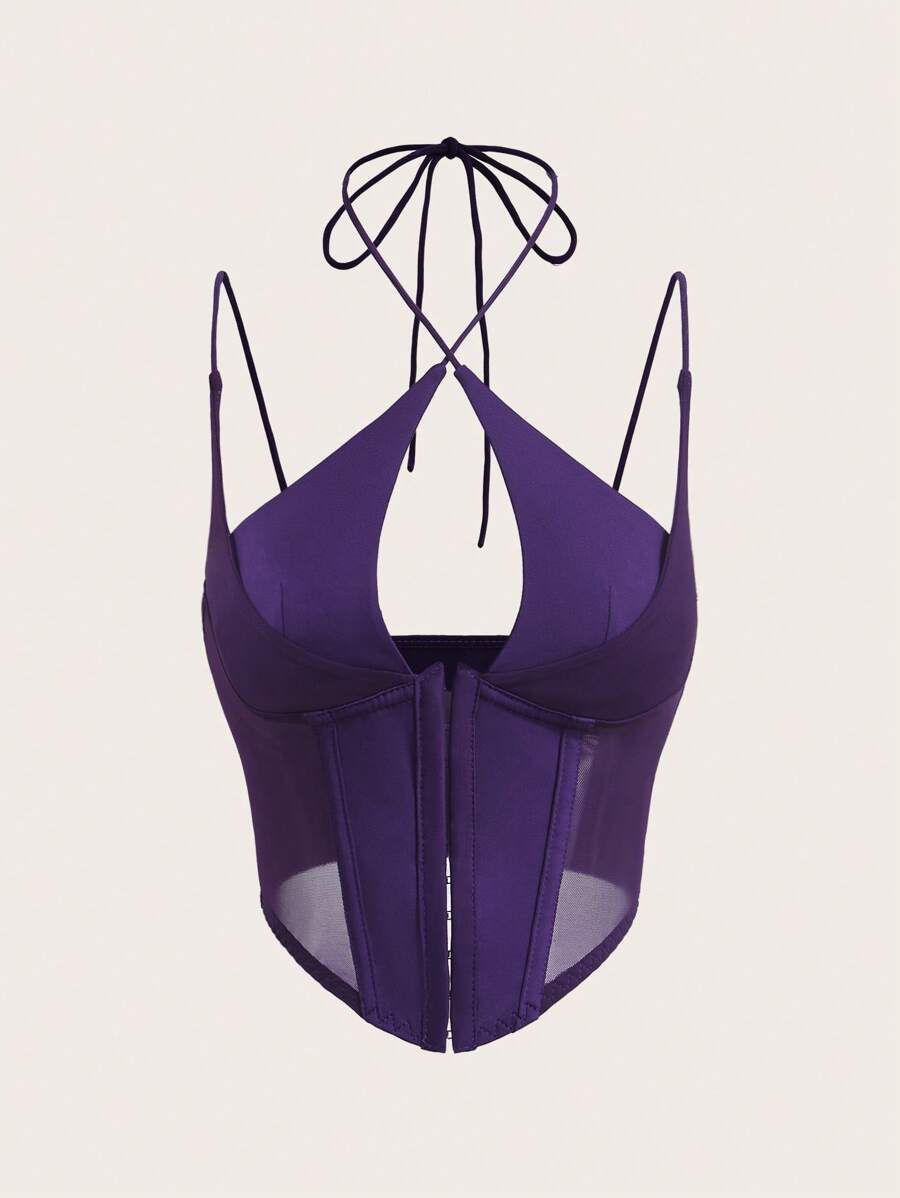 Sweetina Camiseta de tirantes con inserto de malla y cierre de corchete frontal en blanco - Morado - Ver 1