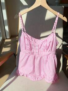 Comfortcana Große Größen Sommer rosa kariertes Camisole-Top mit Volant-Saum