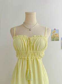 Soleia 女士度假细肩带 V 领裹腰镂空 A 字连衣裙，适合度假、音乐节、波西米亚风、休闲约会、下午茶 - 黃色 - 查看 5