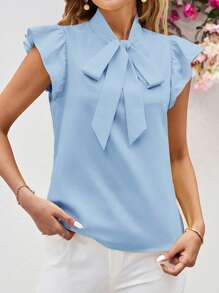 SHEIN Clasi 女士蝴蝶结盖袖衬衫 - 淺藍色 - 查看 5