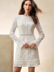 Anewsta 婚礼宾客礼服，春季：优雅时尚半透明镂空蕾丝圆领女士迷你连衣裙 - 白色 - 查看 8