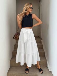 SHEIN LUNE Jupe plissée à taille haute avec nœud, ourlet multicouche en forme de A. Jupe élégante de vacances en tissu texturé pour femmes. Jupe bohème à volants pour femmes, festival rave occidental - Blanc - Voir 6