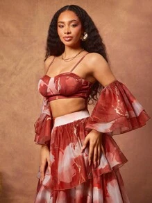 Vixey Crop Cami Top With Detachable Ruffle Sleeves, Summer, Vacation, Boho, Island Vacation - Multicolor - View 5