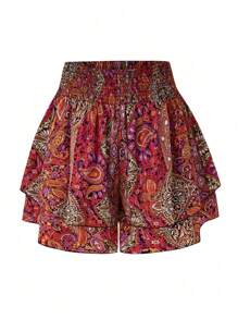 SHEIN LUNE Plus Size Boho Vacation Paisley Print Ruffle Trim Shorts - Orange - View 1