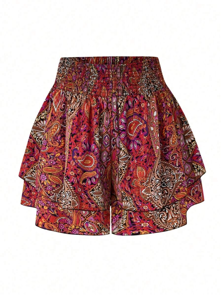 SHEIN LUNE Plus Size Boho Vacation Paisley Print Ruffle Trim Shorts - Orange - View 1