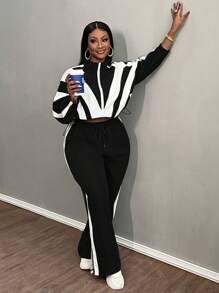 Slaydiva Bộ đồ thể thao thường ngày 2 món gồm áo khoác và quần dài có khóa kéo thả vai phối màu dành cho nữ - màu đen - Xem 6