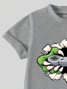 SHEIN Young Boy Game Console Printed Short Sleeve T-Shirt & Tree Branch Printed Cargo Pants Casual 2 Pieces Set - Grey - View 3