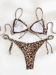 Swim Vcay Summer Beach Leopard Print Bikini Set Frill Trim Triangle Bra & Tie Side Bottom 2 Pieces Bikini - Multicolor - View 2
