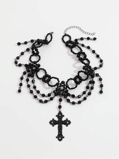 Goth Vintage Punk-Style Cross Pendant Multi-Layer Black Crystal Beaded Necklace