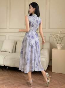 DAZY Đầm không tay thắt eo in hoa thanh lịch dành cho nữ, đầm dạ hội mùa hè, đầm mùa lễ Phục sinh. - Màu tím - Xem 2
