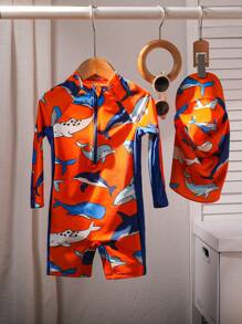 SHEIN 2 Stücke/Set süßer Kleine Jungen Cartoon Muster Farbblock Langarm Badeanzug & Hut Set, perfekt für Urlaub/Strand/Pool, geeignet für Frühling/Sommer