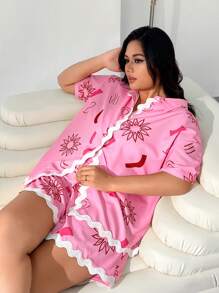 SHEIN EZwear 2pcs/Set Plus Size Pink Print Short Sleeve Shirt And Shorts - Pink - View 4