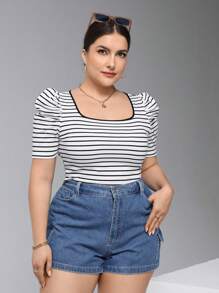 SHEIN Essnce 大码女式夏季休闲紧身方领T恤3件装，夏季，女式可爱上衣，条纹T恤，夏季 - 黑與白 - 查看 8