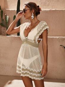 Swim Vcay 夏季女士撞色镂空深 V 罩衫连衣裙