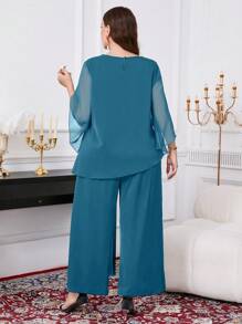 SHEIN Clasi 2 Stücke/Set Damen große Größen Set mit Rundhals 3/4 Volantärmel, geraffeter Taille und asymmetrischem Saum Top und weiten Schlupfhose