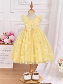 SHEIN Baby Girl Ditsy Floral Mesh Ruffle Edge Dress - Yellow - View 2