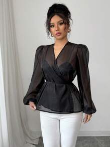 Elenzga Women's Black Sheer Long Sleeve Thin Elegant Simple Jacket - Black - View 5