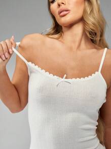 MISSGUIDED Váy ngủ mini đan Pointelle có viền ren Pajama Đồ ngủ ngắn Babydoll Đồ ngủ mặc ở nhà Mùa hè Mùa xuân Váy ngủ Dây đeo có thể điều chỉnh - trắng - Xem 3