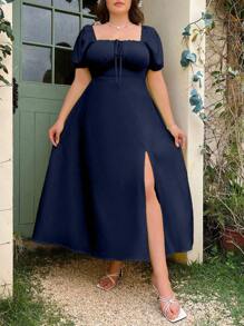 Flirla Plus Size Solid Scoop Neck Short Sleeve Split Thigh Length Dress, Summer, For Christmas Maxi Vacation Beach Outfits Women - Navy Blue - View 8