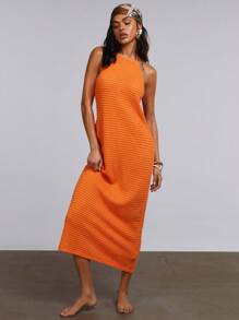 Athîral Vestido casual de unicolor sin espalda para vacaciones de mujer - Naranja - Ver 4
