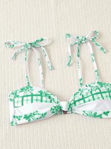 SHEIN Swim 女式清新碎花拼布图案系带比基尼上衣和高腰泳裤套装 - 薄荷綠 - 查看 6