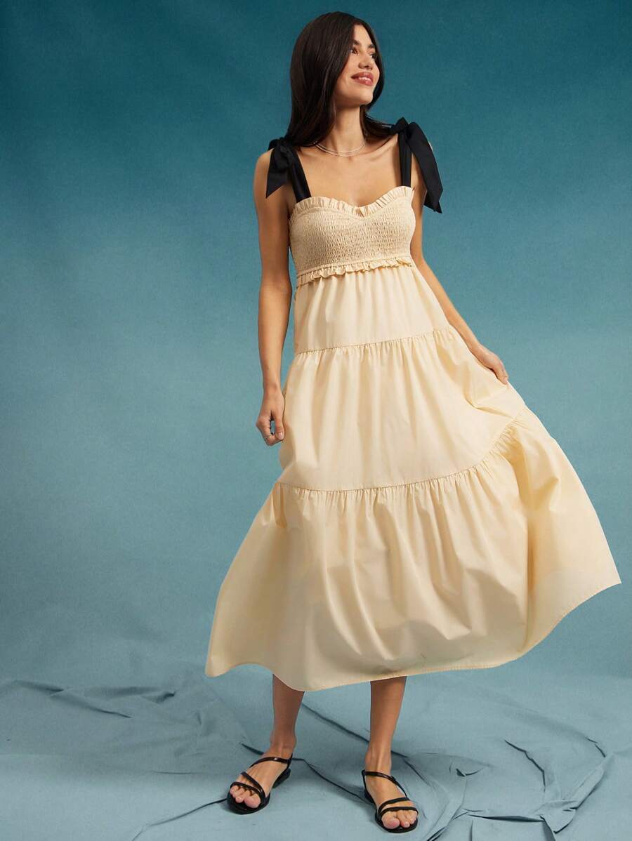 WESTFADE 夏季双色府绸褶饰甜心领荷叶边分层西部牛仔连衣裙春假海滩度假 - 杏色 - 查看 1