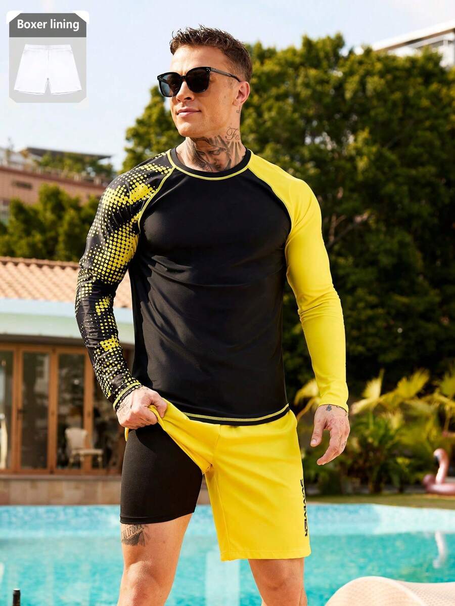 Manfinity Swimmode 2pcs/Set Men's Long Sleeve Top And Shorts Set, Casual Everyday Wear,Hawaiian