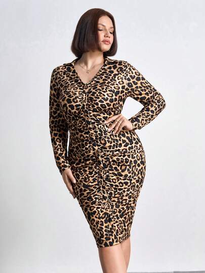 SHEIN Clasi Plus Size Women Elegant Leopard Print Collared Autumn Dress