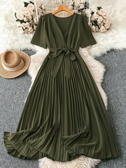 DreamSkyne Women Plus Size Solid Color Crossed V-Neck Short Sleeve Cinched Waist Pleated Hem Dress