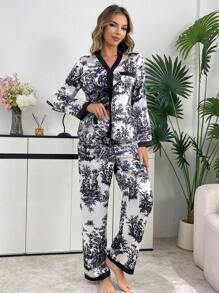 LuxeNights Women Elegant Vintage Ink Style Pocket Long Sleeve Top & Pants Pajama Set, Autumn/Winter, Fall Clothes
