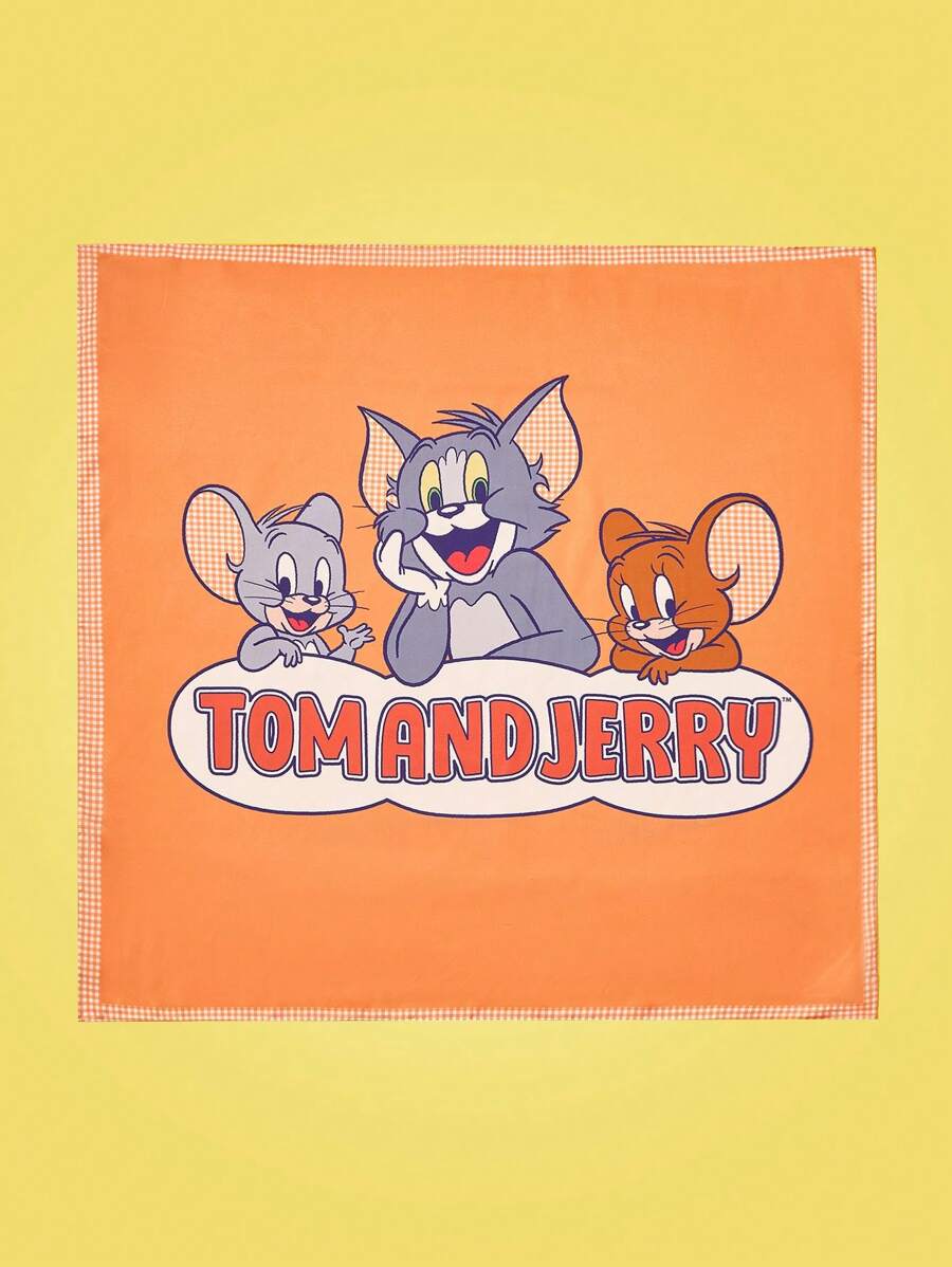 TOM & JERRY X SHEIN 1 pieza Bufanda cuadrada grande de mujer con estampado de dibujos animados y letras, color naranja - Naranja - Ver 1