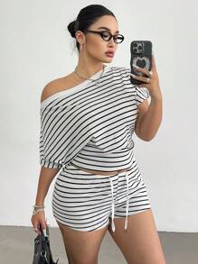 Sunspun Bộ đồ crop top hở vai gợi cảm có tay dài và quần short rút dây thường ngày - Nhiều màu - Xem 3