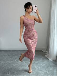 Elenzga فستان نسائي مع حزام مثبت بأنيق راقي ذو طراز موسيقي فاخر بتصميم معدني بألوان الوردي - متعدد الألوان - مشاهدة 3