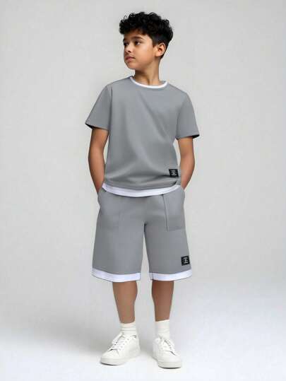 SHEIN Vacaura Tween Boy Lapp med text detalj 2-i-1 T-shirt & Shorts