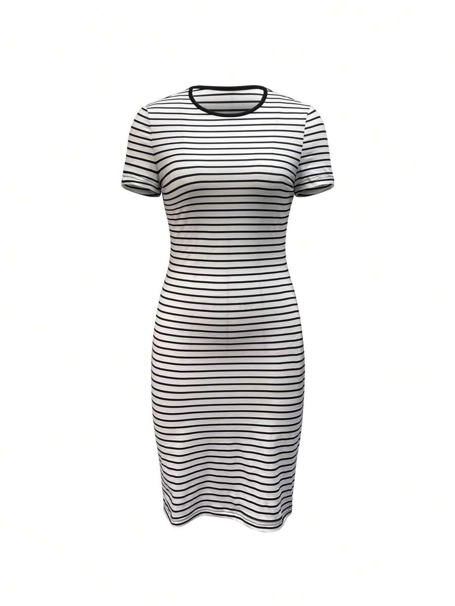 女士黑白条纹圆领短袖紧身连衣裙