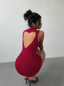 Vestido mini ajustado con espalda descubierta y recorte de corazón a lunares estilo Y2K para el Día de San Valentín, vestido corto sexy JSEK - Burdeos - Ver 6