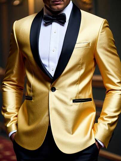 Manfinity AFTRDRK Herren Mode Party Farbblock Pailletten Sakko, Schwarz und Gold Farbblock Herren Blazer, Pailletten Stoff, geeignet für Ehemann zur Hochzeit, Abendessen und zum Tanzen