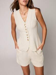 Flirla 2pcs/Set Women Apricot Linen V-Neck Sleeveless Vest & Loose Casual Vacation Shorts Suit