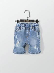 Nuevos shorts vaqueros informales a juego para bebé/niño pequeño con cintura con cordón, estilo desgastado y roto, elásticos y suaves, para primavera/verano 2025 - Azul lavado medio - Ver 1